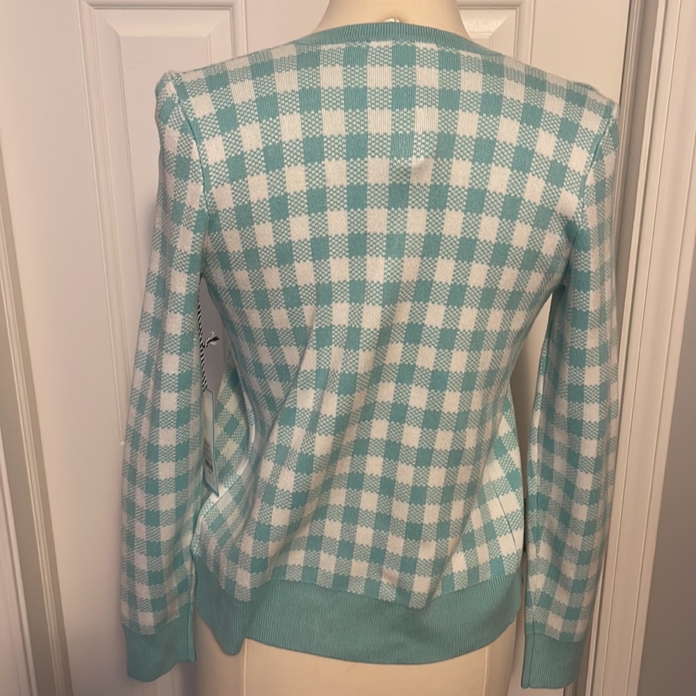 *Draper James RSVP womens XS button front cardigan gingham white/turquoise NWT - Picture 2 of 9